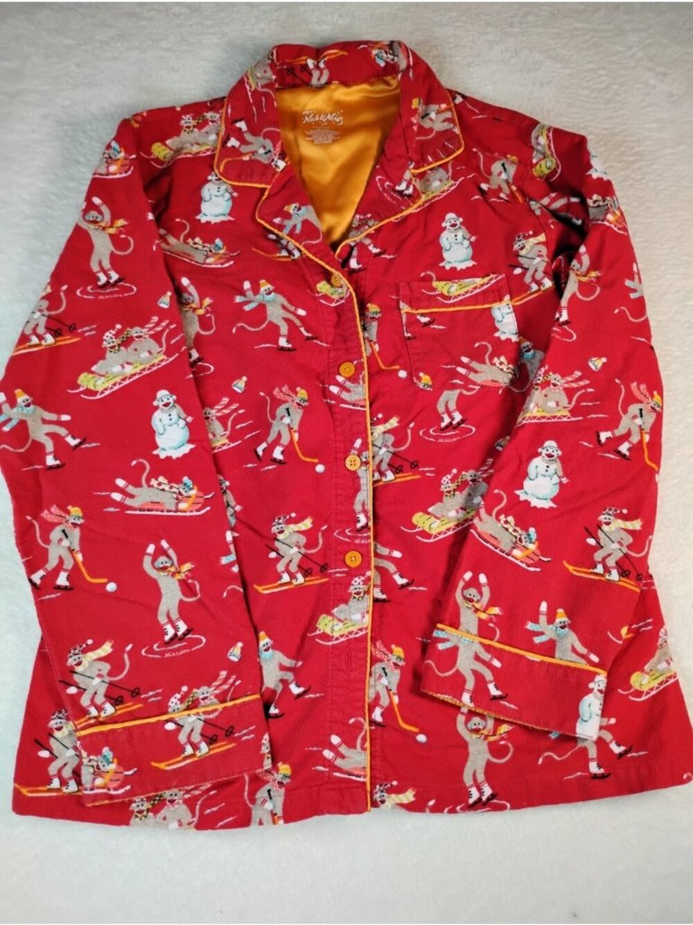 Nick & Nora Womens Flannel Pajama Top Skiing Sock Monkeys Snowmen Size S Red
